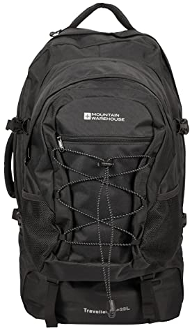 Mountain Warehouse Traveller Rucksack - 60 + 20 Liter - Abnehmbarer Tagesrucksack, strapazierfähig, mehrere Fächer mit Regenabdeckung - Für Reisen, Wandern, Camping, Herbst Schwarz Einheitsgröße