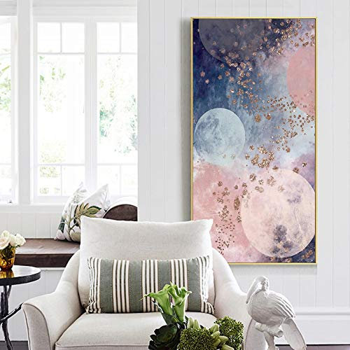 Grand tableau mural gris pour décoration de chambre - Art mural moderne abstrait bleu rose peinture sur toile cadres dorés affiche imprime 60x132cm(24x52in) avec cadre