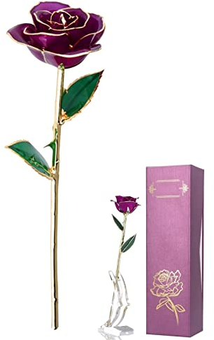 Natudeco In Gold getauchte Rose 24 Karat vergoldete Rosenblume Echte lila konservierte Blumengeschenke mit Basis für Valentinstag, Jahrestag, Hochzeit