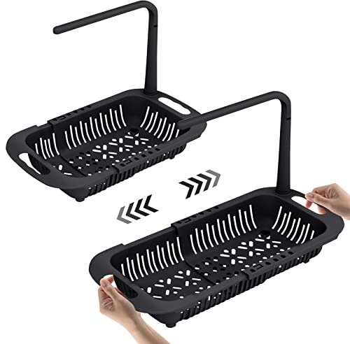 Porte eponge evier cuisine, Organisateur evier, Support pour Éponge télescopique (34-44 cm) pour rangement evier, Porte-éponge, Plateau égouttoir à Vaisselle, Porte-Savon (Noir)