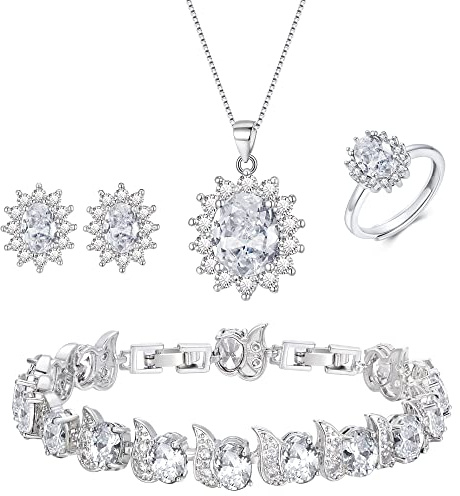EVER FAITH Schmuck Set Oval Cubic Zirkonia Anhänger Halskette Ohrringe Tennis Armband Open Ring Geschenke für Mama/Frau Geburtstag/Muttertag Weiß Silber-Ton