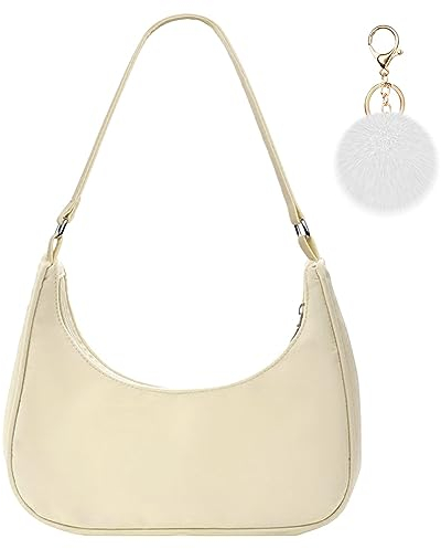 Aucuu Umhängetasche Damen Handtasche, Nylon Retro Achsel Tasche mit Pom-Pom-Schlüsselanhänger, Y2k Fashion Unterarmtasche mit Reißverschluss-Geschenk für Weihnachten und Geburtstag, Weiß
