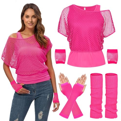 80s Fancy Fishnet Top for Women, Tank Top, Leg Warmers, Gloves, 1980s Costumes Neon Off Shoulder Mesh T-Shirt Accessories Retro Theme Party Cosplay