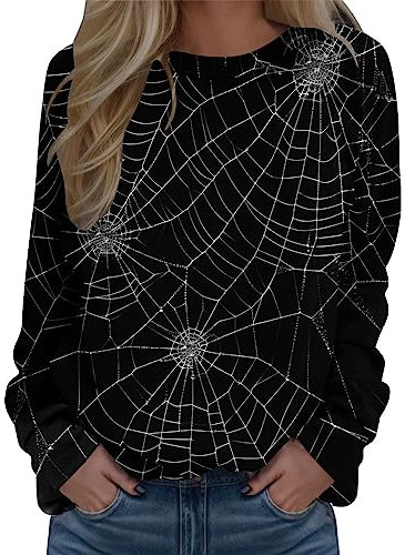 boseucn Halloween Pullover Damen, Langarmshirt Damen Pullover Halloween Spinnennetz Drucken Rundhals Langarm Sweatshirt Vintage Lässige Oberteile Teenager Mädchen Tshirt Streetwear Sportshirt Tops