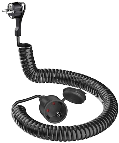 XINKUAN Spiralkabel Verlängerungskabel, 3m dehnbares Spiral-Kabel mit Schutzkontaktwickelstecker & Schutzkontaktkupplung, (230V/16A) PVC, 3 x 1,0 mm², IP20, schwarz