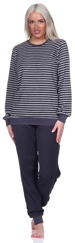 Normann Damen Frottee Pyjama Langarm Schlafanzug mit Bündchen in Streifenoptik, Farbe:dunkelgrau, Größe:44/46