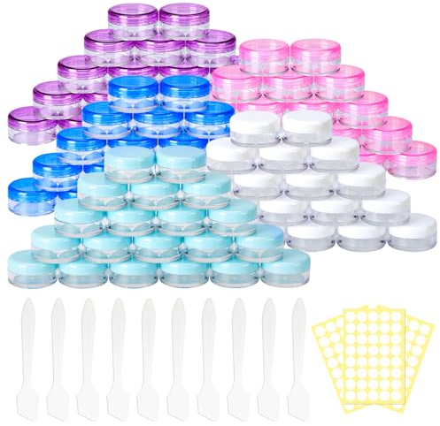 Lot de 100 pots de Crème Vides de 3g/3ml avec Couvercle à Vis, Petits Pots D'échantillons, Bouteille de Voyage, Récipient pour échantillons Liquides, Crèmes en Poudre (Couvercles Colorés)