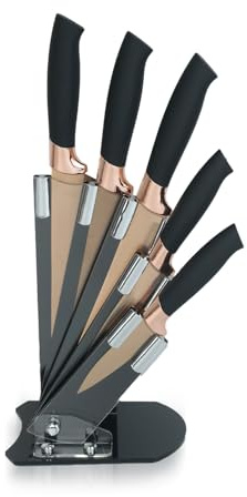 ROYALFORD Kitchen Knife Set 5 Piece Stainless Steel Knives Acrylic Stand | Chef Slicing Bread Utility & Paring Knife Set Sharp Blade Non-Slip Handle