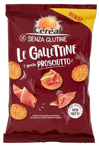 CÉRÉAL - LE GALLETTINE - Gusto Prosciutto, Snack salati senza glutine, Mini gallette gluten free a base di mais e riso al gusto di prosciutto - Ottimali per aperitivo e merenda, 10 confezione da 70 gr