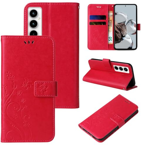 LBH Handy Hülle für Samsung Galaxy A35 5G Case Handytasche Schmetterling Blumen Flower Standfunktion Schutzhülle Magnet Rundum Schutz 360 Grad Flipcase Cover Rot