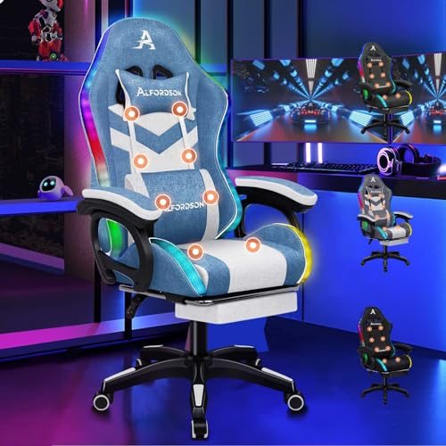 ALFORDSON Silla Gaming con RGB LED de 12 Colores y Masaje de 8 Puntos, Silla Gamer con Reposapiés, Reposacabeza y Cojín Lumbar, Silla Escritorio de Oficina Ergonomica, Tela, Azul y Blanco