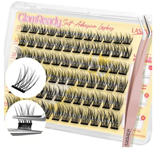 LASHVIEW Self Adhesive Lash Clusters Eyelashes,Press-on Lashes 10-16mm Individual Lash Extension Kit with Lash Tweezers,No Glue Needed Natural Self Adhesive DIY Eyelash Extension Kit 60pcs (A10)