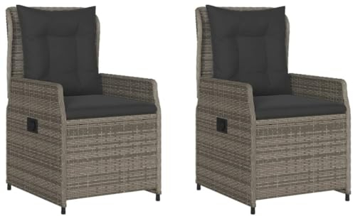 vidaXL Gartensessel 2 STK., Gartenstuhl mit Kissen Stahlrahmen, Loungesessel für Außenbereich, Stuhlset, Verstellbar Grau Poly Rattan