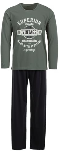 Henry Terre Herren Pyjama Set 2 TLG. Vintage Hose Anthrazit Langarm Schlafanzug, Farbe:Grün, Größe:XL