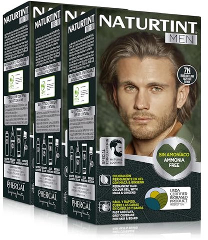Naturtint Men | Coloración Permanente Sin Amoniaco Especial Hombres | 100% Cobertura de Canas | Color Natural y Duradero | Ingredientes Naturales | 7N Rubio Avellana | Pack de 3