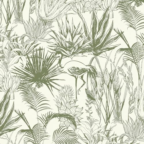 CiCiwind Papier peint autocollant motif fleurs et oiseaux - 41 cm x 10 m - Blanc et vert - Revêtement mural autocollant - En vinyle imperméable - Pour mur, armoires, meubles