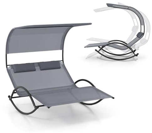 KOMFOTTEU Transat à Bascule pour 2 Personnes, Bain de Soleil Double, Charge 300 kg, Lit de Jardin avec Pare-Soleil & Appui-tête, Largeur de 119cm, pour Patio, Terrasse, Piscine (Gris)