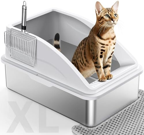 FURTIME Stainless Steel Cat Litter Tray Silver Gray with Detachable Enclosure, 31cm High Sided Cat Litter Box Anti-Spillage&60cm Extra Large Litter Tray with Lid for All Cats, with Litter Scoop & Mat