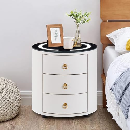 LEMROE Table de Chevet Ronde LED avec Recharge sans Fil, Blanc | Table de nuit intelligente en verre avec lumière réglable et 3 tiroirs. Recharge sans fil intégrée.design moderne