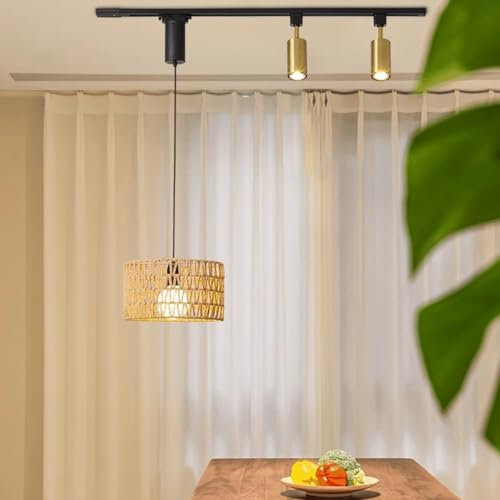 DOCJX Pendelleuchte Rattan Boho Lampe E27 Deckenstrahler Vintage Boho Hängeleuchte Rattan Lampenschirm Hängend Höhenverstellbar Kronleuchter Für Esszimmer Küche Schlafzimmer Wohnzimmer Flur(Orange)
