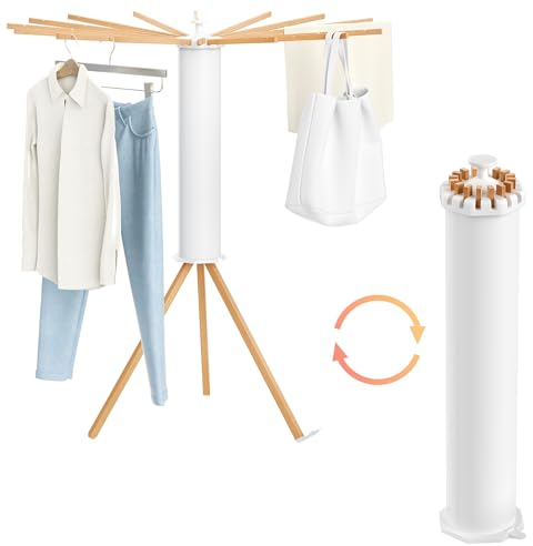 SUBTLETY 110 x 110 x 119cm Octopus Wäscheständer Turm Platzsparend Wäschespinne Ständer mit Ausziehbarer Holz Trockenstab & Stativ Tragbare Kleiderständer für Haushalt & Camping