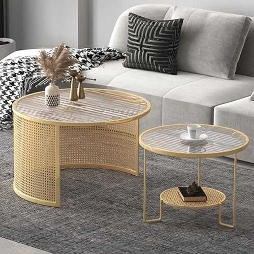 Moderno juego de mesa auxiliar anidada con patas de hierro semicirculares y ratán tejido + parte superior de cristal, no requiere montaje, colores negro/dorado/blanco disponibles, acabado dorado,