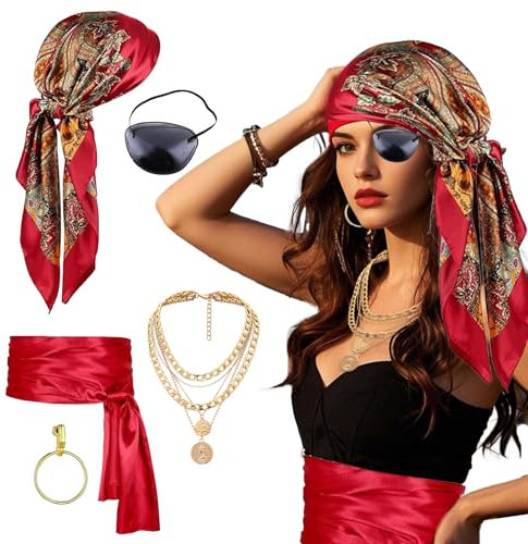 Mittelalter Piratenkostüm Zubehör Set Damen Kopftuch Augenklappe Pirat Ohrringe Piraten-Halskette Schärpe Gürtel für Hallowee Karneval Fasching Kostüm Verkleidung Accessories Kopftuch Augenklappe