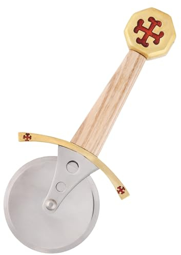 Battle-Merchant Pizzaschneider im Templerschwert-Design | Stilvolles Küchenwerkzeug für Kreuzritter - Pizzaroller mit Holzgriff, Parierstange und Knauf, Mittelalter, LARP