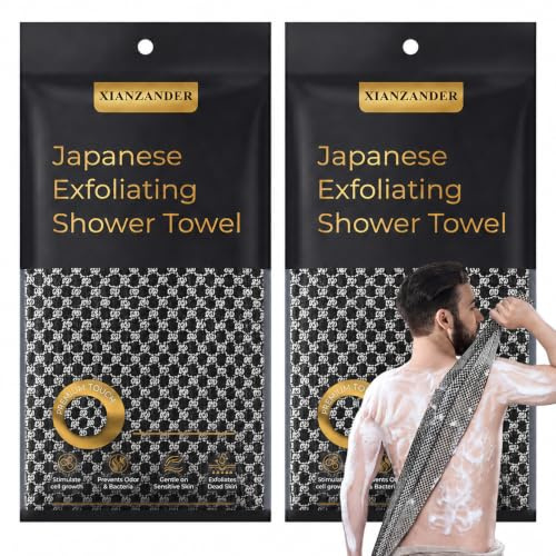 XIANZANDER Exfoliating Shower Towel, 2 Pack Extra Long Back Scrubber | Japanese-Style Exfoliating Washcloth for Men and Women, Body Scrubber for Deep Cleansing and Spa