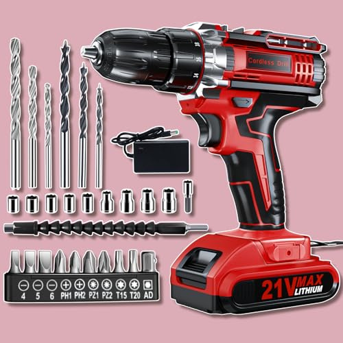 Drill, Cordless Drill and Screwdriver Set, 2.0Ah 3/8 Inch Chuck 370 in-lbs, 25+1 Electric Screwdriver Rechargeable, 2 Speed Power Combi Battery Drills Tool Set 27 Accessories for Home Repair DIY Gift