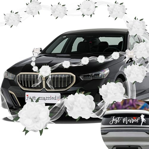 Autoschmuck Deko Hochzeit, Auto Deko Hochzeit mit 11 Rosen, 4 Girlande, 1 Just Married-Aufkleber, 1 Weiße Fensteraufkleber für Hochzeitsdekorationen，Hochzeitsauto-Dekorationsset, Hochzeit Deko Tisch