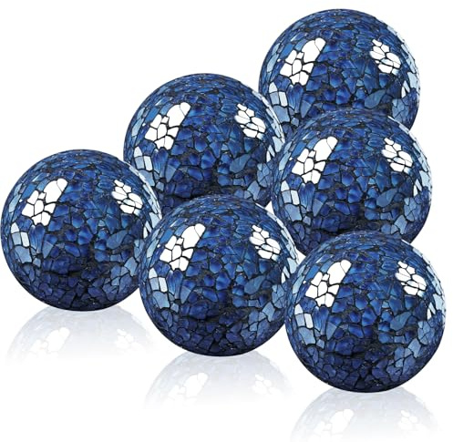 Yazikisa Bola de mosaico de cristal de 6 cm, bolas de mosaico decorativas azules, bolas de cristal redondas, esfera sólida para comedor, mesa de café, centro de jardín, adornos modernos, 6 unidades