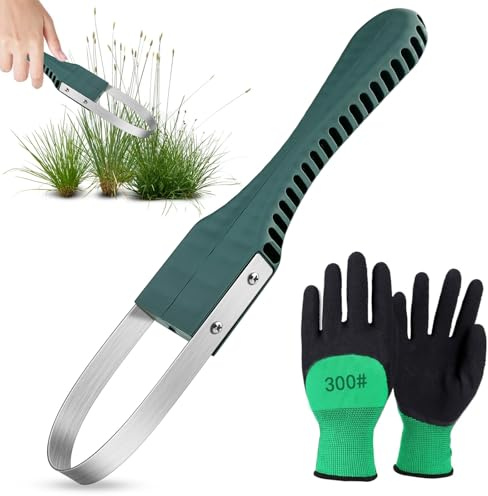 GZkushi Jätefaust für Hausgarten und Rasen mit 1 Paar Handschuhe | Edelstahl, Arbeitssparender, Ergonomischer Griff, Jätschlinge für Gartenliebhaber