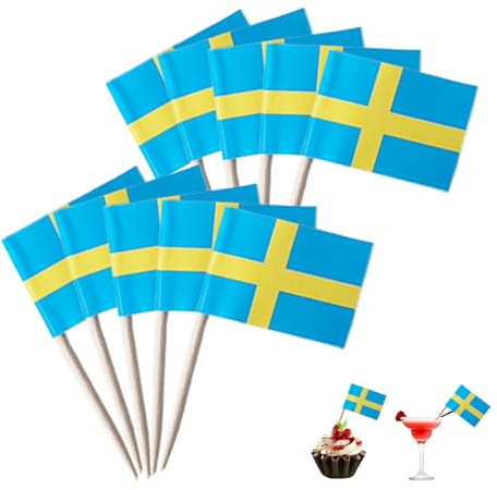 100Stk Flaggen Spieße Schweden,Schweden Flagge Zahnstocher,Schweden Deko,Schweden Flagge Cocktail Stick,Schwedische Dekor Fahne Mini Cupcake Topper,Zahnstocher mit Fähnchen für Party Pub,Fußball EM WM