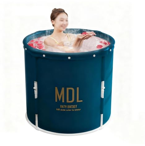 Faltbare Runde Badewanne für Erwachsene 70cm mit Isolierdeckel 2 Entleerung Dickes PVC, Platzsparendes Design für Home Spa & Eisbad