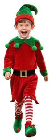 Elfen Kostüm für Kinder Junge Weihnachten Elf Wichtel Grün Weihnachtskostüm Cosplay Elfenkostüm Kleid, Oberteil + Hose, Beinwärmer + Hut + Gürtel