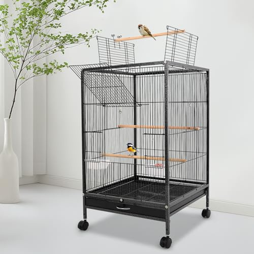 Vogelkäfig mit Rollen 46×46×94 cm Geräumiger Vogelvoliere mit klappbares Dach, Sitzstangen & Futterbox, für Wellensittiche & kleine Papageien, Schwarz
