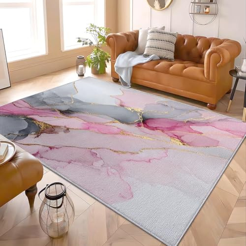 rutschfest Teppich Wohnzimmer 120x180 cm Luxus Marmor Textur Moderner Kurzflor Weich Waschbar Teppiche Rosa 3D-Druck Teppich Matte für Schlafzimme Kinderzimmer Büro Esszimmer