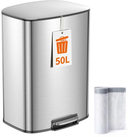 YEAUPE PRO Cubo de Basura Cocina 50L con Pedal, Papelera Acero Inoxidable | Cubo de Residuos con Tapa Soft Close, Cubeta Interior Extraíble ABS, Anti Olores, 15 Bolsas Incluidas para Cocina Casa