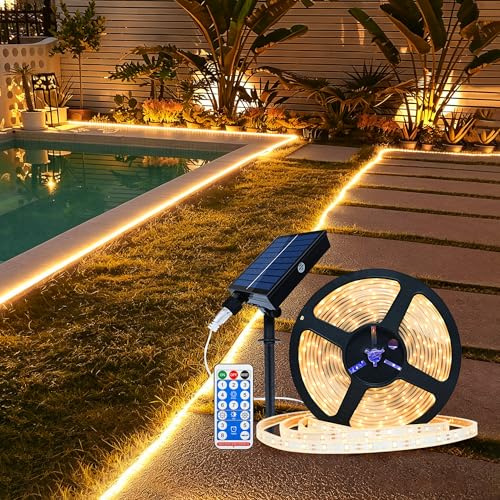 SOAIY Solar LED Streifen Außen 10M 600 LEDs dimmbare LED Band mit Fernbedienung 8 Modi Timer Selbstklebend wasserdicht Lichterkette für Garten Terrasse Balkon Treppe Pavillon Party Warmweiß Deko