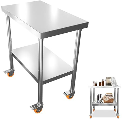 AufuN Edelstahl Arbeitstisch 76x46x85 cm mit Rollen & 2 Ebenen – Mobiler Arbeitstisch für Küche, Gewerbe, Restaurant & Hotel – Lebensmittelzubereitungstisch aus Edelstahl mit feststellbaren Rollen