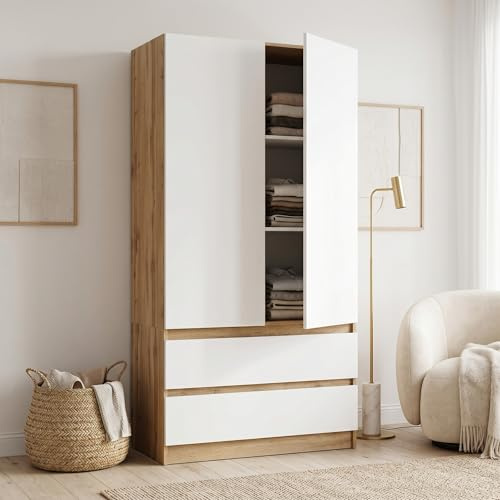 Happy Babies Kleiderschrank Zweifarbig 90 cm Anthrazit/Weiß | Drehtürenschrank mit 2 Schubladen | Moderne Schlafzimmer Garderobe, Jugendzimmer 90x180x50 (Votan-Eiche – Weiß)