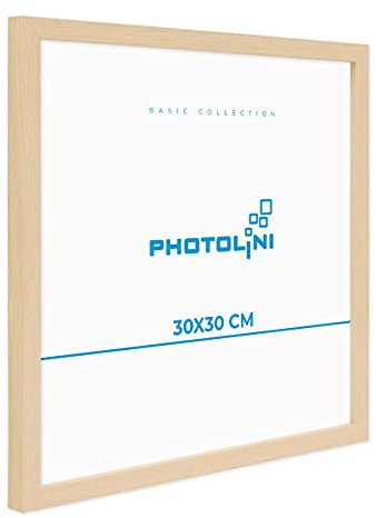 PHOTOLINI Bilderrahmen 30x30 Holz Natur aus MDF Poster-Bilderrahmen quadratisch 30x30, bruchsicheres Acrylglas, zum Aufhängen, extra Zubehör - für Fotos & Poster