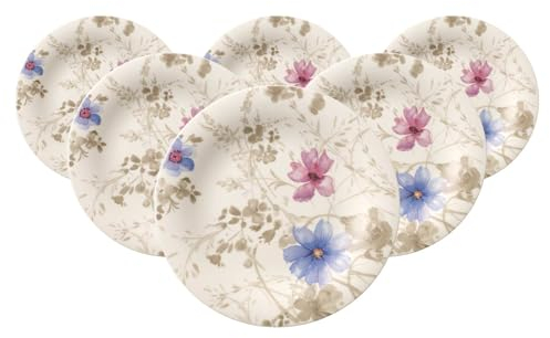 Villeroy & Boch Mariefleur Gris Basic Lot de 6 assiettes à petit-déjeuner, 21 cm, assiettes à dessert avec décor floral sur toute la surface, en porcelaine de qualité supérieure, blanc/multicolore