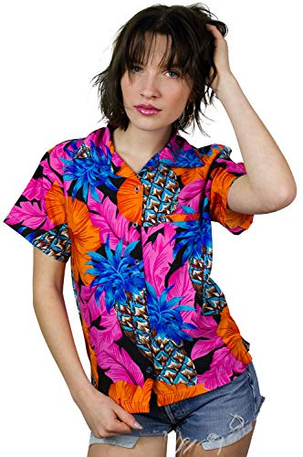King Kameha Funky Hawaii-Bluse-Hemd, Damen, Kurzarm, Pineapple-Hibiscus, Schwarz-Pink, L