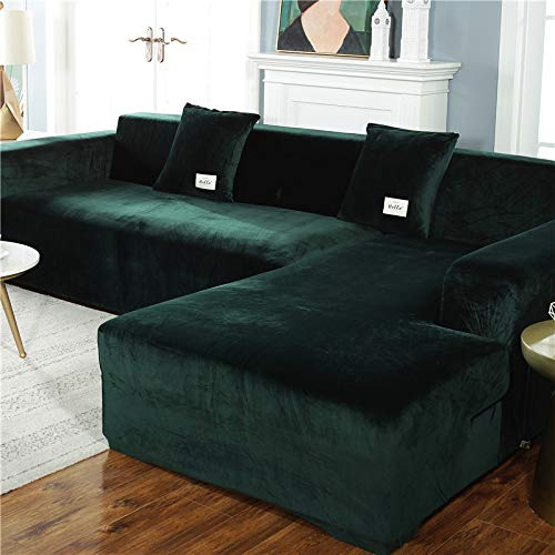 OKJK Verdickte Plüsch sofabezug, mit Kissenbezug für Wohnzimmer L-Form Chaiselongue-Sofa (2 Stück zu bestellen), elastische rutschfeste sofaüberwurf (Dark Green,2-Seater 145-185cm)