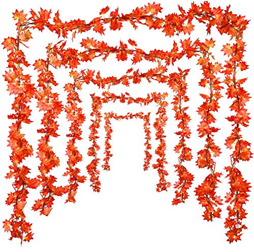 Thanksgiving 5 Pieces Artificial Autumn Maple Leaf Garland Hanging Plant Decoration for Home Garden Doorway Fireplace Wedding Party Decoration