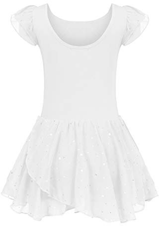 trudge Ballettkleidung Ballettkleider Mädchen Kurzarm Baumwolle Balletttrikot Ballettbody Tanzbody mit Glitzersteinen und Chiffon Röckchen Kinder Ballettanzug Ballett-Outfit Weiß 120