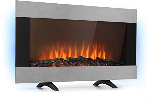 KLARSTEIN Basel - cheminée électrique soufflante, 2000 W, 2 Vitesses, Simulation de Flamme LED, rétro-éclairage LED dimmable, Thermostat, Affichage LED (Argent, 91 x 53 x 26 cm)