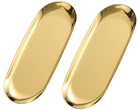 MWJC 2 Stück Gold Platte Oval Tablett Goldenes Tablett Serviertablett dekoratives Tablett Edelstahl Servierteller Aufbewahrung Dekoration für Lebensmittel Schmuck Kosmetik Kerzen Dessert
